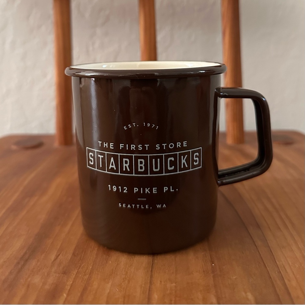 Starbucks The First Pike Place Store 2018 Enamel Mug Cup Brown Coffee Camping